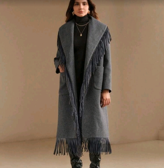 Women's Winter Fringed Decorated Oversized Lapel Melton Jacket, New Year Outfit - Picture 2 of 14